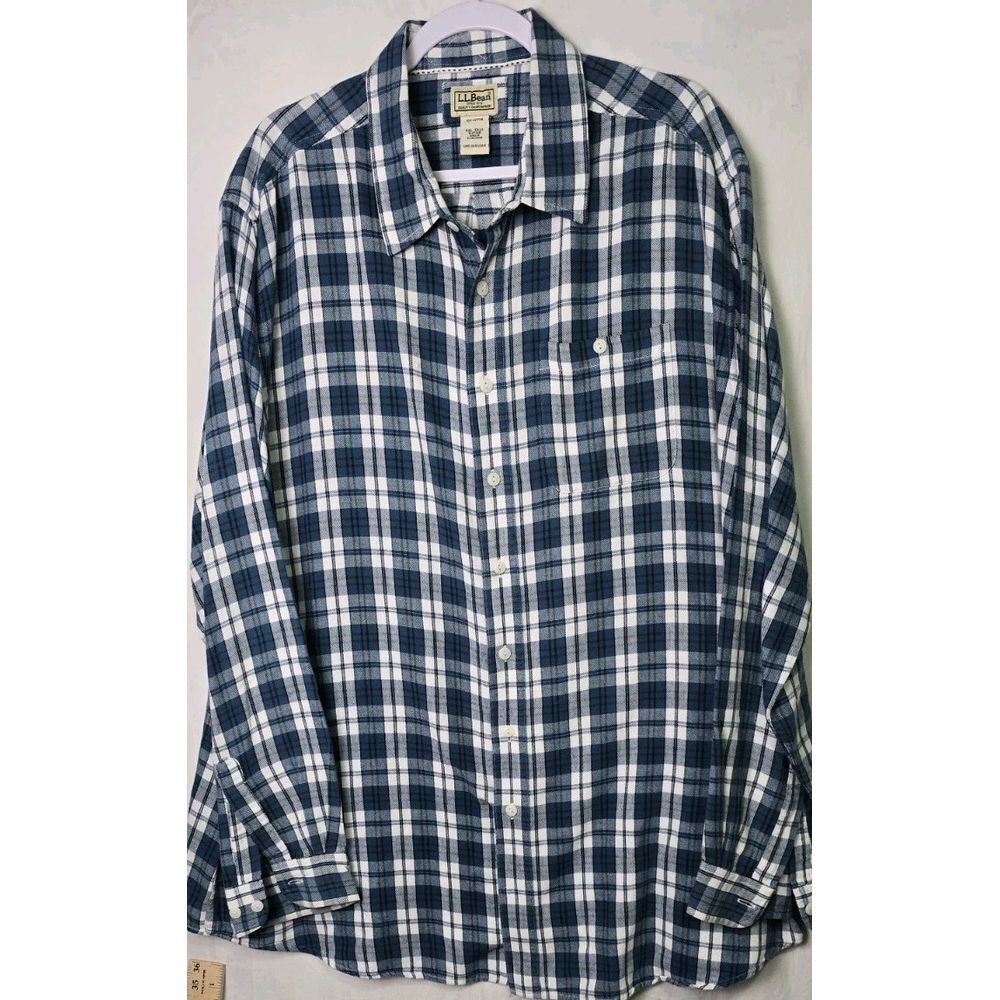 LL Bean Flannel Shirt Men's XXLT Scotch Plaid Trad Fit Green Blue‎ White